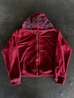Men's Burgundy Zip Hoodie Jacket with Patterned Hood